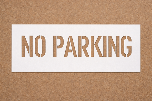 NO PARKING Stencil – 7" x 32" Lettering – 10 mil Mylar – 12" x 36" Sheet