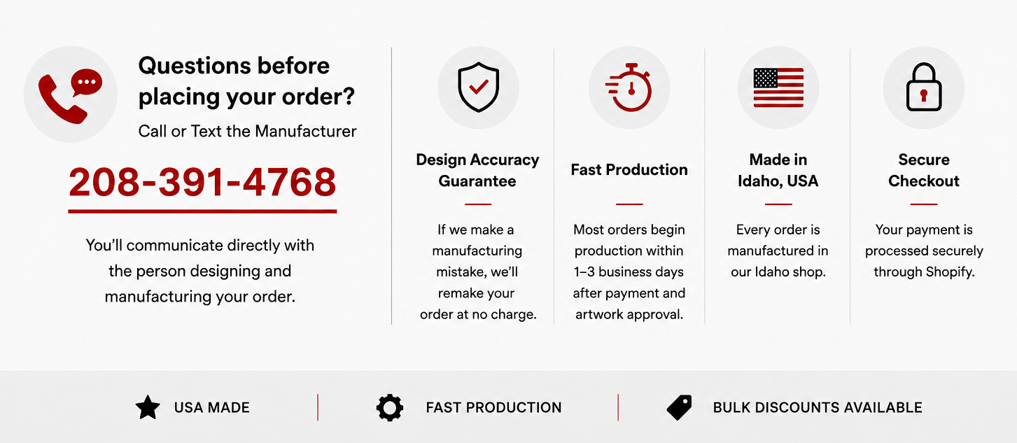 A digital graphic banner with a white background and red header accents, displaying order-related information such as a phone number, design accuracy guarantee, fast production, made in Idaho, USA, and secure checkout. It includes icons and text blocks 