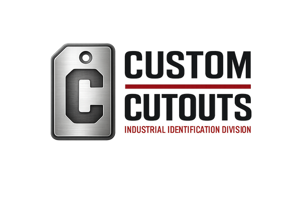 Logo of Custom Cutouts with a metallic tag design on a white background