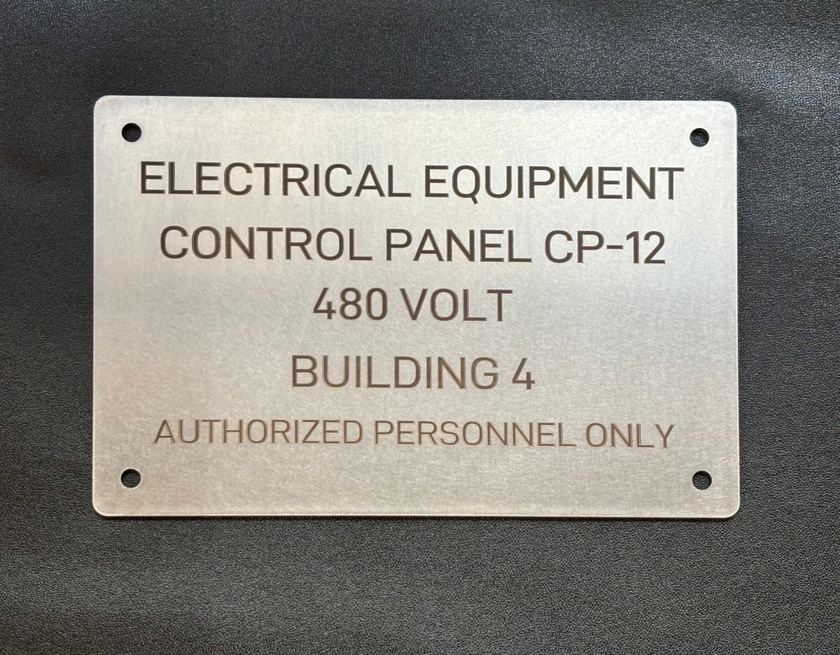 Stainless steel electrical equipment identification plate engraved for control panel CP-12, 480 volt